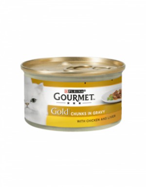 <p><strong>Gourmet Gold 85 gr bucăți în sos cu pui, ficat pentru pisici</strong></p>