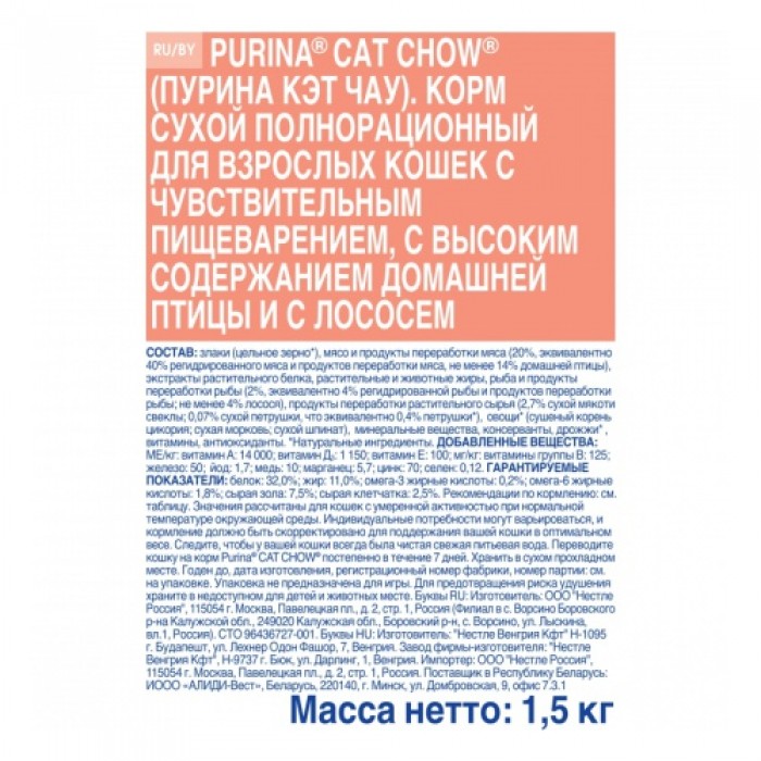 <p><strong>Сбалансированный сухой корм с лососем для кошек с чувствительным пищеварением&nbsp;</strong><strong>Cat Chow&reg;&nbsp;Sensitive с лососем</strong></p>