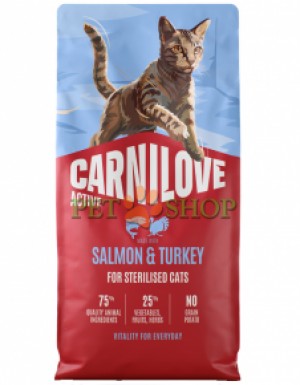<p><strong>Carnilove Cat Sterilised Salmon, Turkey</strong> &ndash; hrană completă <strong>ACTIVE cu somon și curcan</strong>, destinată pisicilor adulte sterilizate, de toate rasele.&nbsp;<strong>Carne proaspătă și organe - Fără carne și grăsime de pui - Fără cereale.</strong></p>