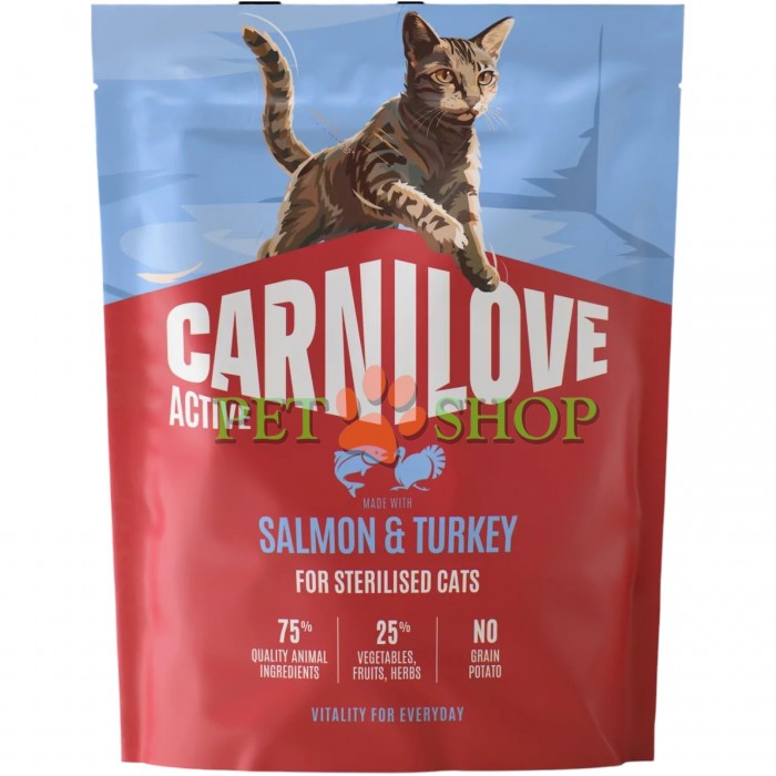<p><strong>Carnilove Cat Sterilised Salmon, Turkey</strong> &ndash; hrană completă <strong>ACTIVE cu somon și curcan</strong>, destinată pisicilor adulte sterilizate, de toate rasele.&nbsp;<strong>Carne proaspătă și organe - Fără carne și grăsime de pui - Fără cereale.</strong></p>