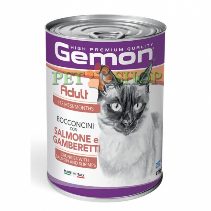 <p><strong>Conservele Gemon &icirc;n sos cu somon și creveți sunt recomandate pisicilor adulte. Conțin carne proaspătă, fiind făcute după rețetă naturală delicioasă 415 gr</strong></p>