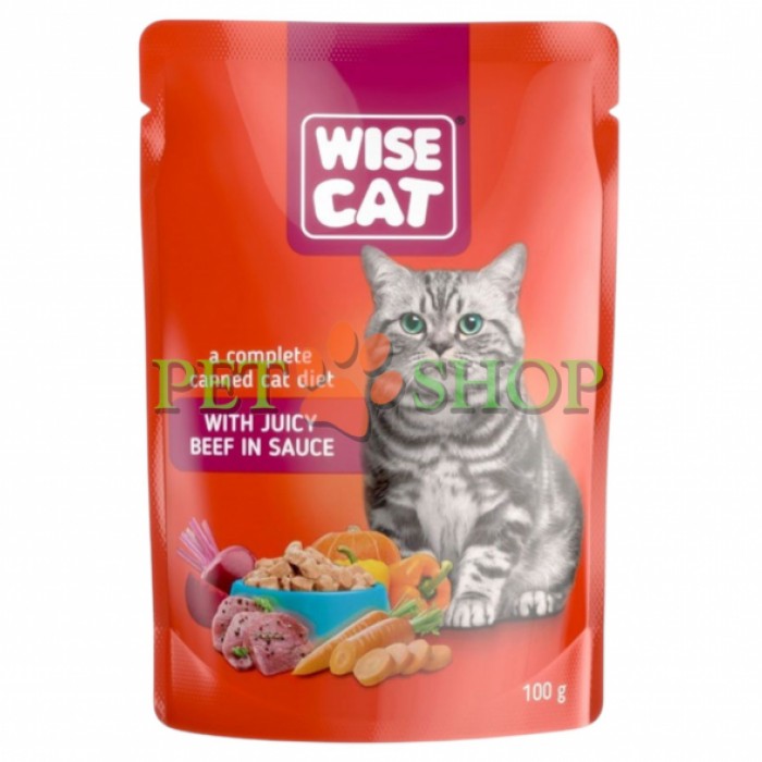 <p><strong>Wise Cat cu vită &icirc;n sos</strong> este o hrană umedă completă, special formulată pentru pisici adulte din toate rasele.</p>