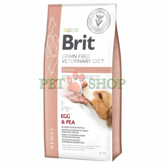 <p><strong>Brit Vet Dog Renal Egg, Pea</strong> &mdash; hrană uscată dietetică, fără cereale, pentru c&acirc;ini adulți, destinată susținerii funcției renale &icirc;n caz de insuficiență renală cronică.</p>