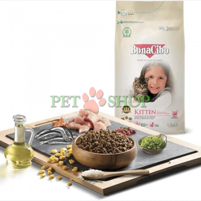<p><strong>BonaCibo Kitten</strong> &ndash; hrană uscată completă și echilibrată, pe bază de carne de pui, hamsii și orez, destinată pisoilor cu v&acirc;rsta de p&acirc;nă la 12 luni, precum și pisicilor gestante și lactante, din toate rasele.</p>