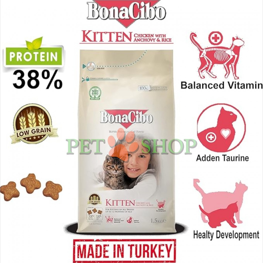 <p><strong>BonaCibo Kitten</strong> &ndash; hrană uscată completă și echilibrată, pe bază de carne de pui, hamsii și orez, destinată pisoilor cu v&acirc;rsta de p&acirc;nă la 12 luni, precum și pisicilor gestante și lactante, din toate rasele.</p>