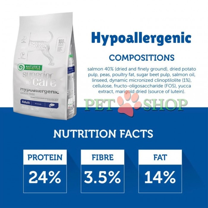 <p>Nature's Protection Superior Care Hypoallergenic Grain Free with Salmon for Adult All Breeds - acesta este un aliment uscat complet și echilibrat de clasă super-premium pentru c&acirc;ini, care conține surse de proteine și materii prime de cea mai &icirc;naltă calitate. Acest aliment uscat complet, hipoalergenic, este special formulat pentru c&acirc;inii cu un sistem digestiv sensibil.</p>