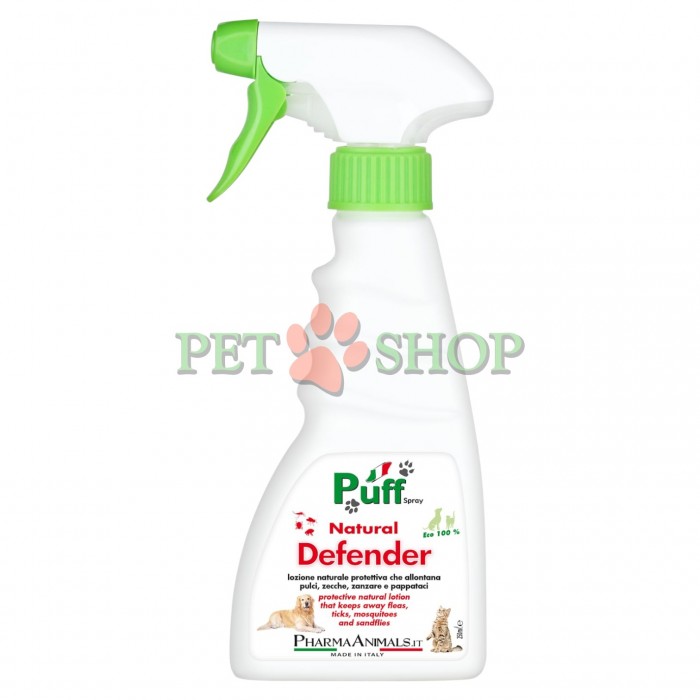 <p><strong>Puff Spray&nbsp;Natural Defender</strong> &mdash; одна из лучших в мире натуральных защит от насекомых для животных. Попробуйте, чтобы обеспечить вашему питомцу естественный барьер защиты. Также можно использовать для обработки помещений от паразитов.</p>