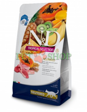 <p><strong>Farmina ND Tropical Selection Neutered Lamb, Spelt, Oats and Tropical fruits - </strong>hrană uscată completă pentru pisici sterilizate și motani castrați, cu miel, speltă, ovăz și fructe tropicale.</p>