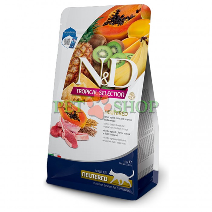 <p><strong>Farmina ND Tropical Selection Neutered&nbsp;Lamb,&nbsp;Spelt, Oats and Tropical fruits -&nbsp;</strong>полнорационный сухой корм для стерилизованных кошек и кастрированных котов с ягненком, спельтой, овсом и тропическими фруктами.</p>
