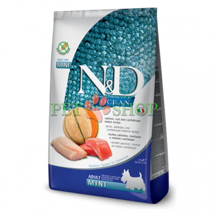 <p><strong>Farmina ND Ocean Dog Adult Mini&nbsp;Salmon, Cod,&nbsp;Cantaloupe Melon -&nbsp;</strong>somon, cod și pepene galben <em>(pepene galben de tip &bdquo;muscat&rdquo;)</em>. Hrană uscată completă, fără cereale, pentru c&acirc;ini adulți de rase mici.</p>