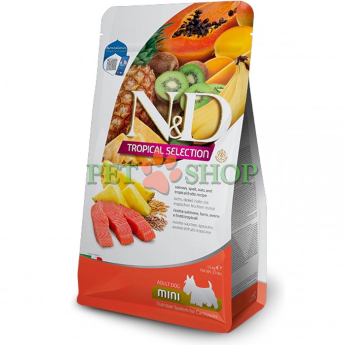 <p><strong>Farmina ND Tropical Selection Dog Adult Mini Salmon, spelt, oats and tropical fruits</strong> &ndash;&nbsp;<strong>somon, speltă, ovăz și fructe tropicale.&nbsp;</strong><strong>Hrană uscată completă pentru c&acirc;ini adulți de talie mică.</strong></p>

<p>&nbsp;</p>