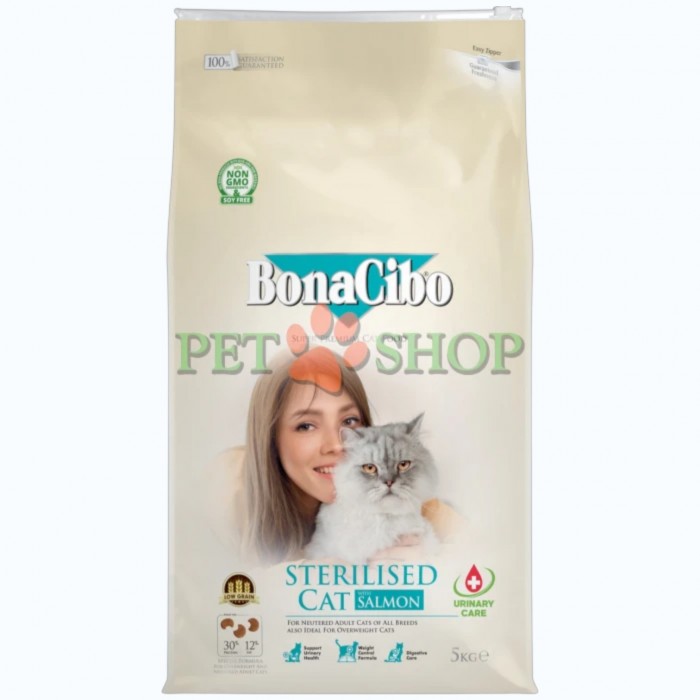 <p><strong>Bonacibo Adult Cat Light, Sterilised Urinary Salmon</strong> &ndash; formulat pentru pisici sterilizate sau predispuse la creșterea &icirc;n greutate. Hrana conține niveluri atent echilibrate de proteine și grăsimi, care ajută la controlul greutății, oferind &icirc;n același timp toate substanțele nutritive necesare &icirc;ntr-o dietă gustoasă și completă.</p>