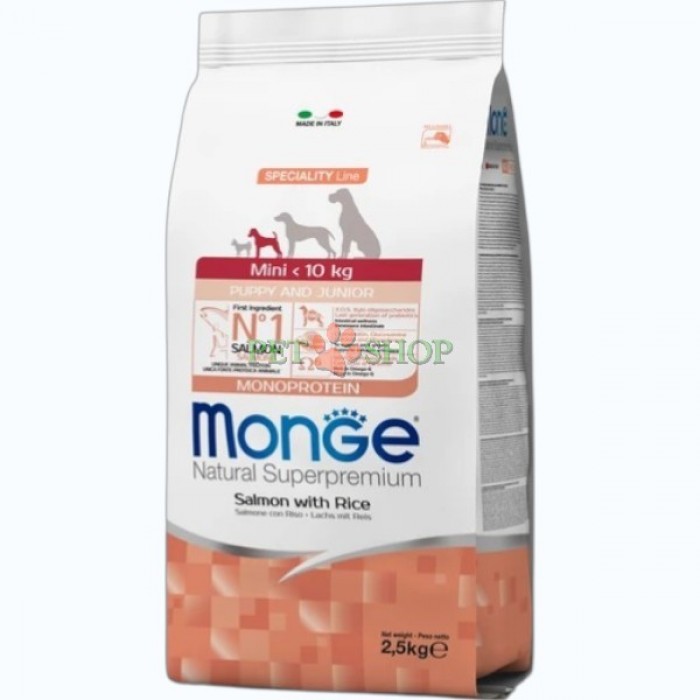 <p><strong>Monge&nbsp;Dog Speciality Line Mini</strong>&nbsp;<strong>Puppy, Junior -&nbsp;</strong>сухой корм из лосося и риса для щенков мелких пород 2,5 кг.&nbsp;Полнорационный сбалансированный корм, разработанный специально&nbsp;для ежедневного кормления щенков мелких пород в возрасте от 2 до 12 месяцев.&nbsp;</p>