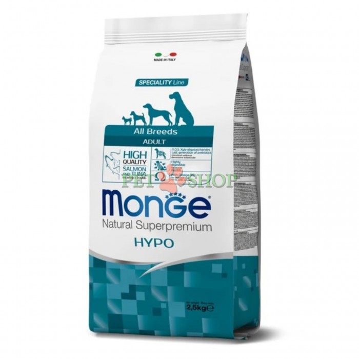 <p><strong>Monge Dog All Breed Adult Hypoallergenic &nbsp;Salmon, Tuna</strong> &mdash; полноценный диетический корм для взрослых собак всех пород, предназначен для снижения непереносимости ингредиентов и питательных веществ, с одной выбранной углеводной основой.</p>