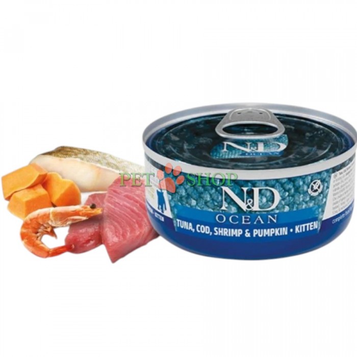 <p><strong>Farmina ND&nbsp;Tuna, Cod, Shrimp,&nbsp;Pumpkin Kitten.&nbsp;</strong>ТУНЕЦ, ТРЕСКА, КРЕВЕТКИ И ТЫКВА Kitten. Полнорационный влажный корм для котят, беременных и лактирующих кошек.</p>