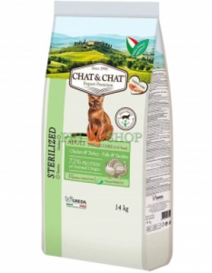 <p>Hrană completă și echilibrată de clasă premium <strong>Chat Chat Expert Premium Adult Sterilized</strong> cu carne albă de pasăre, destinată pisicilor adulte sterilizate. <strong>Chat Chat Expert Premium</strong> conține aminoacizi și vitamine esențiale pentru sănătatea pisicilor.</p>