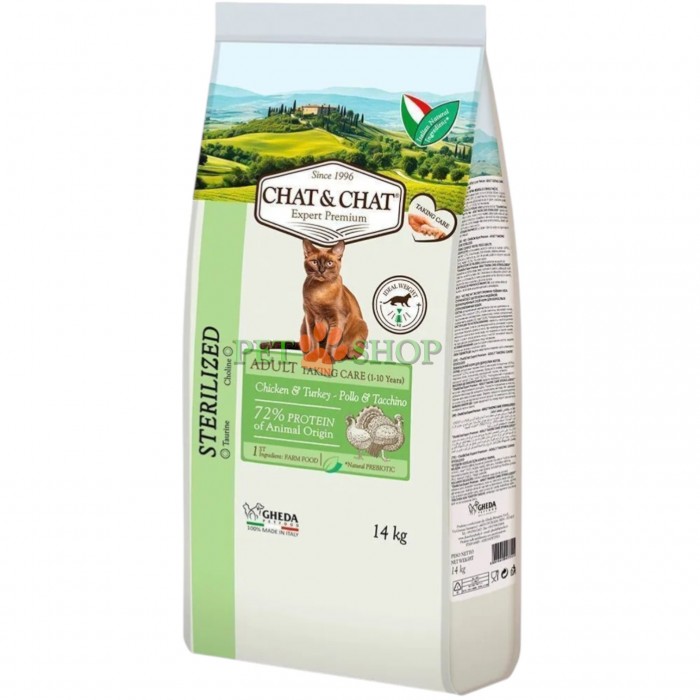<p>Hrană completă și echilibrată de clasă premium <strong>Chat Chat Expert Premium Adult Sterilized</strong> cu carne albă de pasăre, destinată pisicilor adulte sterilizate. <strong>Chat Chat Expert Premium</strong> conține aminoacizi și vitamine esențiale pentru sănătatea pisicilor.</p>