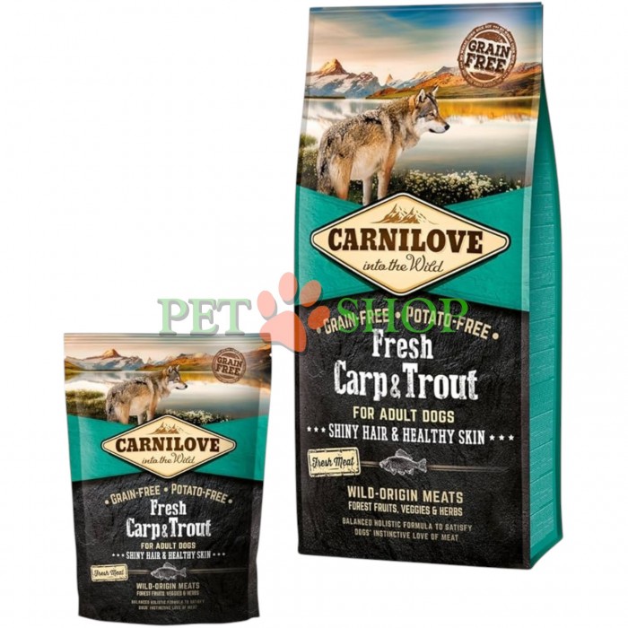 <p><strong>Carnilove Fresh Carp, Trout Shiny Hair, Healthy Skin for Adult dogs -&nbsp;</strong>комплексный высококачественный беззерновой и не содержащий картофеля корм со свежим мясом для взрослых собак.&nbsp;Полнорационный корм для собак.</p>