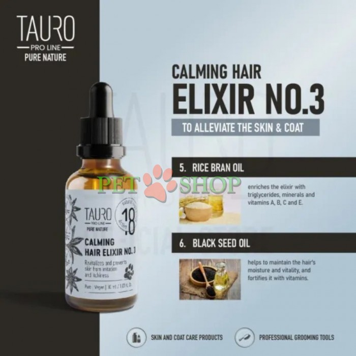 <p><strong>Tauro Pro Line Pure Nature Calming Elixir №3 -&nbsp;</strong>эликсир содержит комплекс из трех натуральных и эфирных масел, обогащенный витаминами и аминокислотами, специально разработанный <strong>для снятия раздражения кожи, уменьшения зуда, шелушения и восстановления здоровой кожи и шерсти</strong> вашего питомца.&nbsp;Содержит&nbsp;<strong>8 эссенций и 10 формул масел.</strong></p>