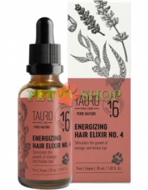 <p><strong>Tauro Pro Line Pure Nature Energizing Elixir №4</strong>. В состав этого эликсира входит комплекс из четырех сверхсильных и концентрированных эфирных масел, обогащенных витаминами и аминокислотами, которые <strong>стимулируют рост волос, укрепляют волосы и их фолликулы, помогают при алопеции и восстанавливают ослабленную шерсть</strong>.&nbsp;<strong>Оригинальная смесь из 16 эфирных масел</strong> улучшает качество волосяных фолликулов, благодаря чему шерсть становится густой и упругой.</p>
