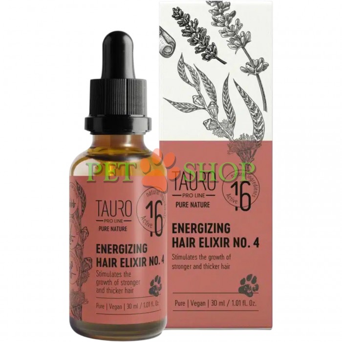 <p><strong>Tauro Pro Line Pure Nature Energizing Elixir №4</strong>. В состав этого эликсира входит комплекс из четырех сверхсильных и концентрированных эфирных масел, обогащенных витаминами и аминокислотами, которые <strong>стимулируют рост волос, укрепляют волосы и их фолликулы, помогают при алопеции и восстанавливают ослабленную шерсть</strong>.&nbsp;<strong>Оригинальная смесь из 16 эфирных масел</strong> улучшает качество волосяных фолликулов, благодаря чему шерсть становится густой и упругой.</p>