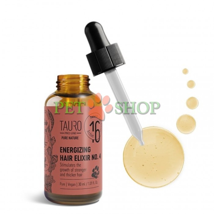 <p><strong>Tauro Pro Line Pure Nature Energizing Elixir №4</strong>. В состав этого эликсира входит комплекс из четырех сверхсильных и концентрированных эфирных масел, обогащенных витаминами и аминокислотами, которые <strong>стимулируют рост волос, укрепляют волосы и их фолликулы, помогают при алопеции и восстанавливают ослабленную шерсть</strong>.&nbsp;<strong>Оригинальная смесь из 16 эфирных масел</strong> улучшает качество волосяных фолликулов, благодаря чему шерсть становится густой и упругой.</p>