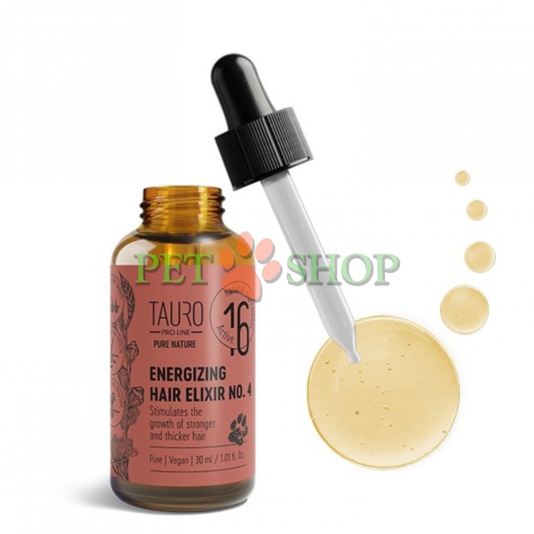 <p><strong>Tauro Pro Line Pure Nature Energizing Elixir №4</strong>. В состав этого эликсира входит комплекс из четырех сверхсильных и концентрированных эфирных масел, обогащенных витаминами и аминокислотами, которые <strong>стимулируют рост волос, укрепляют волосы и их фолликулы, помогают при алопеции и восстанавливают ослабленную шерсть</strong>.&nbsp;<strong>Оригинальная смесь из 16 эфирных масел</strong> улучшает качество волосяных фолликулов, благодаря чему шерсть становится густой и упругой.</p>