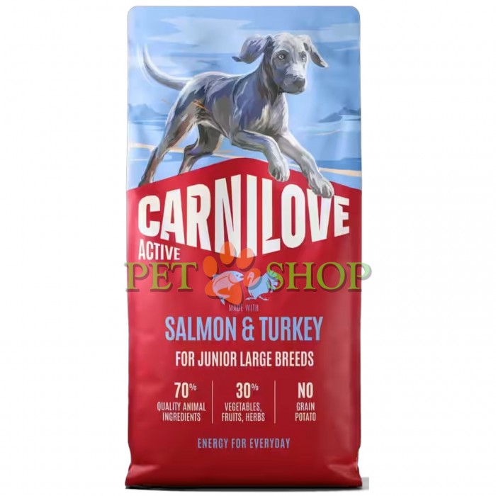 <p><strong>Carnilove Junior&nbsp;</strong><strong>Large Breed Salmon,&nbsp;Turkey - </strong>полнорационный корм <strong>ACTIVE с лососем и индейкой</strong> для молодых собак крупных пород <strong>(от 1 до 24 месяцев, весом более 25 кг)</strong>.&nbsp;<strong>Свежее мясо -&nbsp;Без куриного мяса и жира -</strong>&nbsp;<strong>Без злаков.&nbsp;</strong></p>