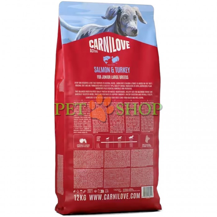 <p><strong>Carnilove Junior&nbsp;</strong><strong>Large Breed Salmon,&nbsp;Turkey - </strong>полнорационный корм <strong>ACTIVE с лососем и индейкой</strong> для молодых собак крупных пород <strong>(от 1 до 24 месяцев, весом более 25 кг)</strong>.&nbsp;<strong>Свежее мясо -&nbsp;Без куриного мяса и жира -</strong>&nbsp;<strong>Без злаков.&nbsp;</strong></p>