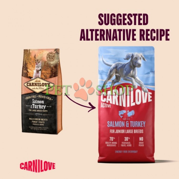 <p><strong>Carnilove Junior&nbsp;</strong><strong>Large Breed Salmon,&nbsp;Turkey - </strong>полнорационный корм <strong>ACTIVE с лососем и индейкой</strong> для молодых собак крупных пород <strong>(от 1 до 24 месяцев, весом более 25 кг)</strong>.&nbsp;<strong>Свежее мясо -&nbsp;Без куриного мяса и жира -</strong>&nbsp;<strong>Без злаков.&nbsp;</strong></p>