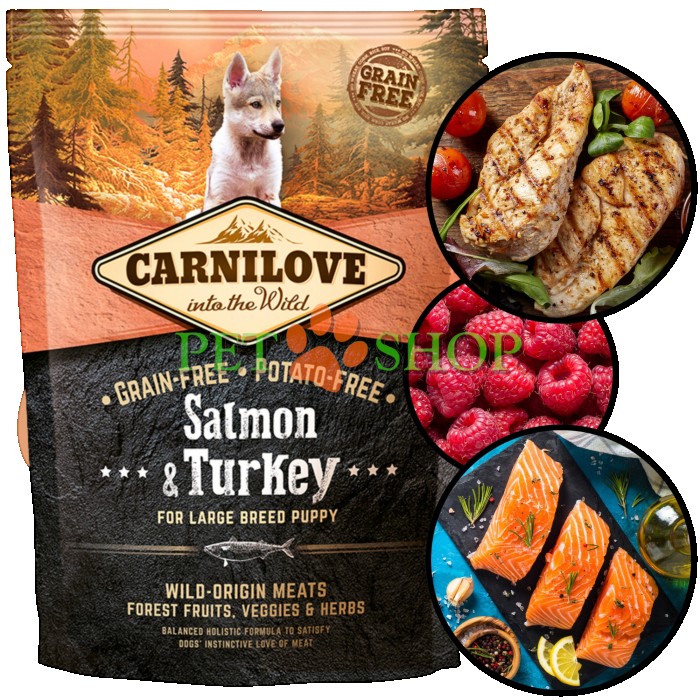 <p><strong>Carnilove Puppy Large Breed Salmon, Turkey</strong> &ndash; hrană completă fără cereale cu somon și curcan pentru căței de talie mare. Fără adaos de cereale și cartofi.</p>