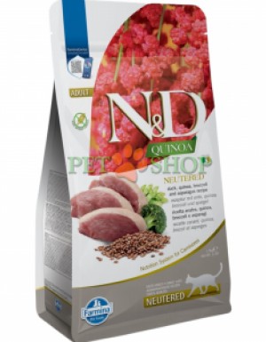<p><strong>Farmina ND Cat Quinoa Neutered Duck, Quinoa, Broccoli, Asparagus</strong> - полнорационный сухой корм для стерилизованных кошек и кастрированных котов. Утка, киноа, брокколи и спаржа.</p>