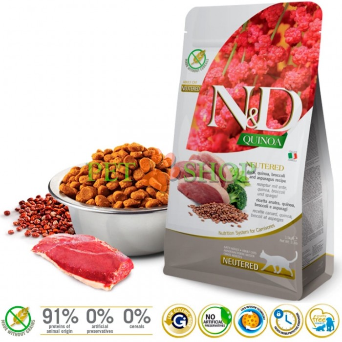 <p><strong>Farmina ND Cat Quinoa Neutered Duck, Quinoa, Broccoli, Asparagus</strong> - полнорационный сухой корм для стерилизованных кошек и кастрированных котов. Утка, киноа, брокколи и спаржа.</p>
