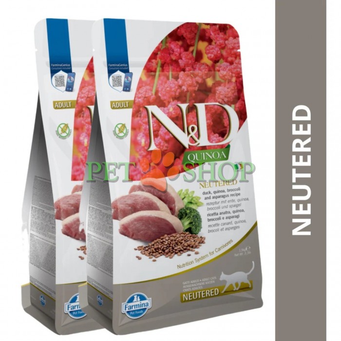 <p><strong>Farmina ND Cat Quinoa Neutered Duck, Quinoa, Broccoli, Asparagus</strong> - полнорационный сухой корм для стерилизованных кошек и кастрированных котов. Утка, киноа, брокколи и спаржа.</p>