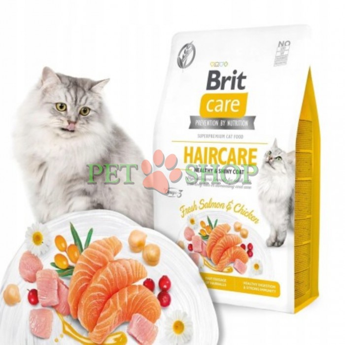 <p><strong>Brit Care Cat Grain-Free Haircare Healthy and Shiny Coat</strong> &mdash; hrană completă pentru pisici adulte cu cerințe ridicate de &icirc;ngrijire a blănii. Formulă hipoalergenică, fără cereale, bogată &icirc;n fibre, care facilitează eliminarea ghemotoacelor de blana.</p>