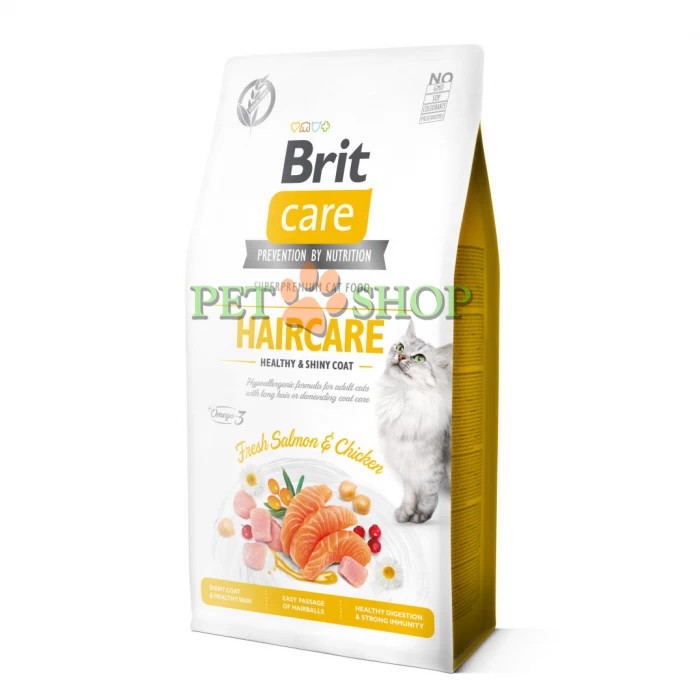 <p><strong>Brit Care Cat Grain-Free Haircare Healthy and Shiny Coat</strong> &mdash; hrană completă pentru pisici adulte cu cerințe ridicate de &icirc;ngrijire a blănii. Formulă hipoalergenică, fără cereale, bogată &icirc;n fibre, care facilitează eliminarea ghemotoacelor de blana.</p>
