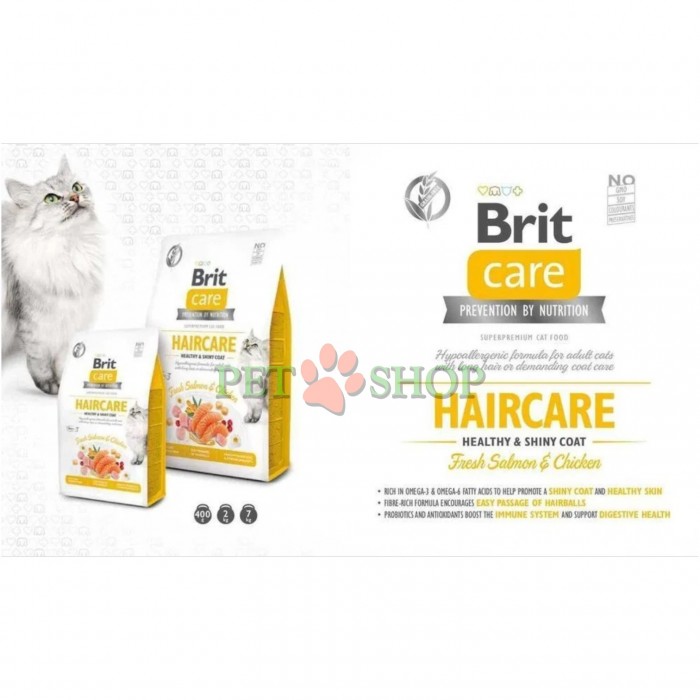<p><strong>Brit Care Cat Grain-Free Haircare Healthy and Shiny Coat</strong> &mdash; hrană completă pentru pisici adulte cu cerințe ridicate de &icirc;ngrijire a blănii. Formulă hipoalergenică, fără cereale, bogată &icirc;n fibre, care facilitează eliminarea ghemotoacelor de blana.</p>