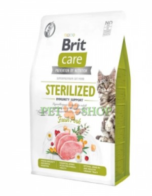 <p><strong>Brit Care Cat Grain-Free Sterilized Immunity Support - полнорационный корм с&nbsp;поддержкой&nbsp;иммунитета для стерилизованных и кастрированных взрослых кошек, гипоаллергенная формула, со свининой.</strong></p>