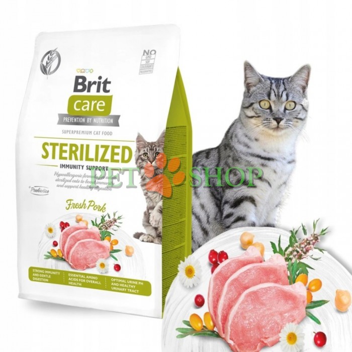 <p><strong>Brit Care Cat Grain-Free Sterilized Immunity Support - полнорационный корм с&nbsp;поддержкой&nbsp;иммунитета для стерилизованных и кастрированных взрослых кошек, гипоаллергенная формула, со свининой.</strong></p>