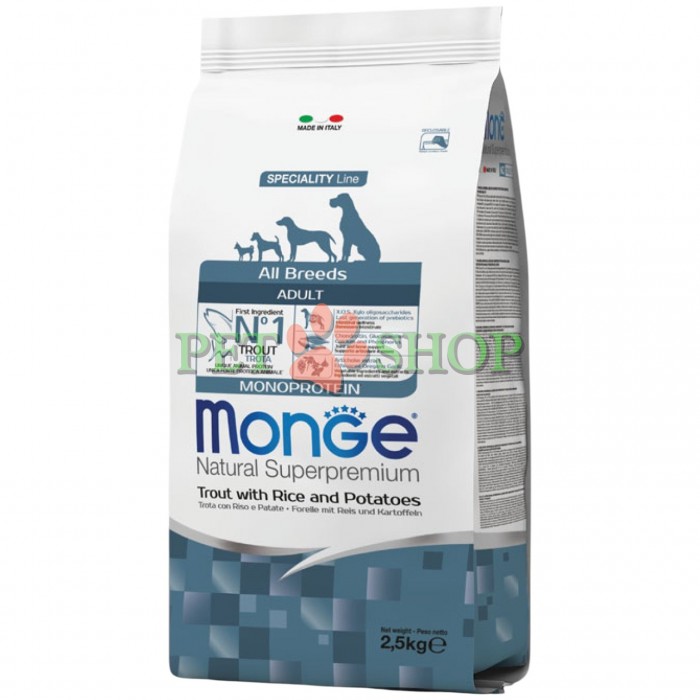 <p><strong>Monge Dog All breeds Adult Monoprotein Trout, Rice, Potatoes -&nbsp;</strong>полнорационный корм для взрослых собак всех пород с форелью, рисом и картофелем.&nbsp;Не содержит искусственных красителей и консервантов.</p>