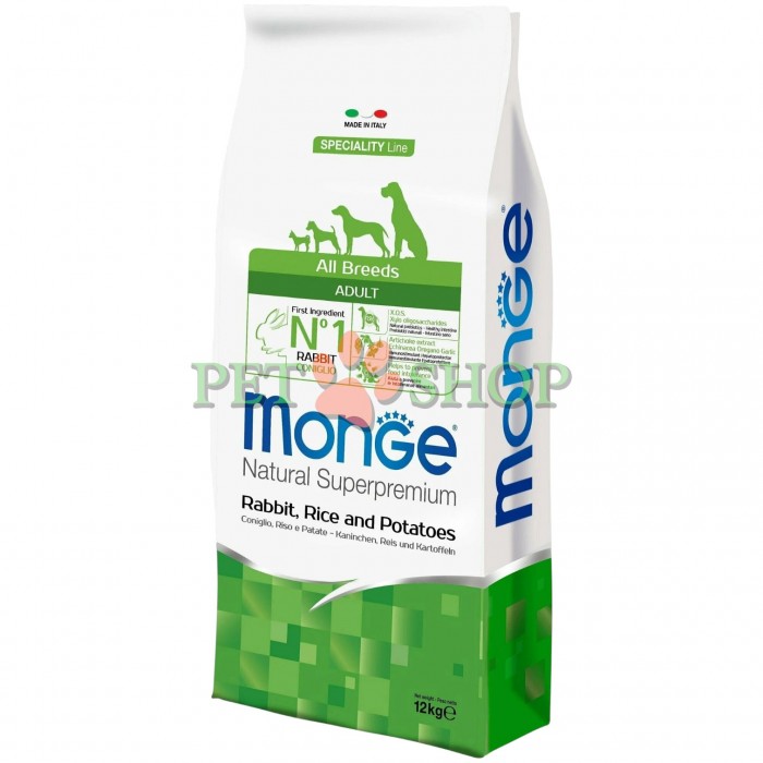 <p><strong>Monge All breeds Adult Monoprotein Rabbit, Rice, Potatoes</strong> -&nbsp;полнорационный корм для взрослых собак всех пород с кроликом, рисом и картошкой.&nbsp;Не содержит добавленных красителей и искусственных консервантов.</p>