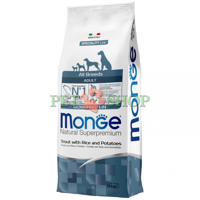 <p><strong>Monge Dog All Breeds Adult Monoprotein Trout, Rice, Potatoes</strong> &ndash; hrană completă pentru c&acirc;ini adulți de toate taliile, cu păstrăv, orez și cartofi. <strong>Nu conține coloranți și conservanți artificiali.</strong></p>