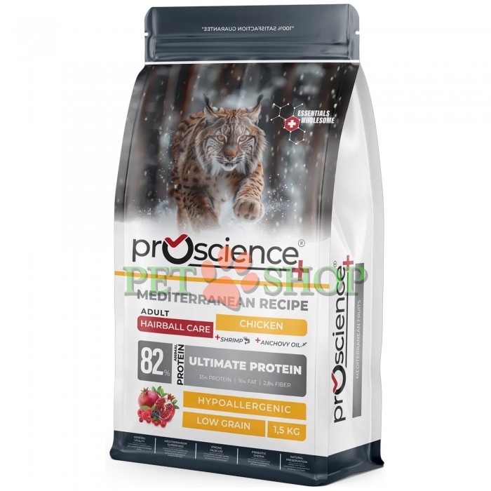 <p><strong>ProScience Cat Adult Hairball</strong>&nbsp;&mdash; это полнорационный и сбалансированный экструдированный сухой корм для взрослых кошек с курицей. Содержит <strong>82% белка животного происхождения</strong> и гипоаллергенную формулу с пониженным содержанием злаков. Корм помогает контролировать образование комков шерсти и обеспечивает полноценное питание для поддержания здоровья и активности взрослой кошки.</p>