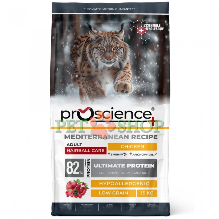 <p><strong>ProScience Cat Adult Hairball</strong>&nbsp;&mdash; это полнорационный и сбалансированный экструдированный сухой корм для взрослых кошек с курицей. Содержит <strong>82% белка животного происхождения</strong> и гипоаллергенную формулу с пониженным содержанием злаков. Корм помогает контролировать образование комков шерсти и обеспечивает полноценное питание для поддержания здоровья и активности взрослой кошки.</p>