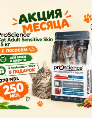 <p><strong>ProScience Cat Adult Sensitive Skin -&nbsp;</strong>полнорационный и сбалансированный экструдированный сухой корм для взрослых кошек с лососем. Содержит 80% белка животного происхождения, гипоаллергенную формулу с пониженным содержанием злаков и способствует поддержанию здоровья кожи и красоты шерсти.</p>