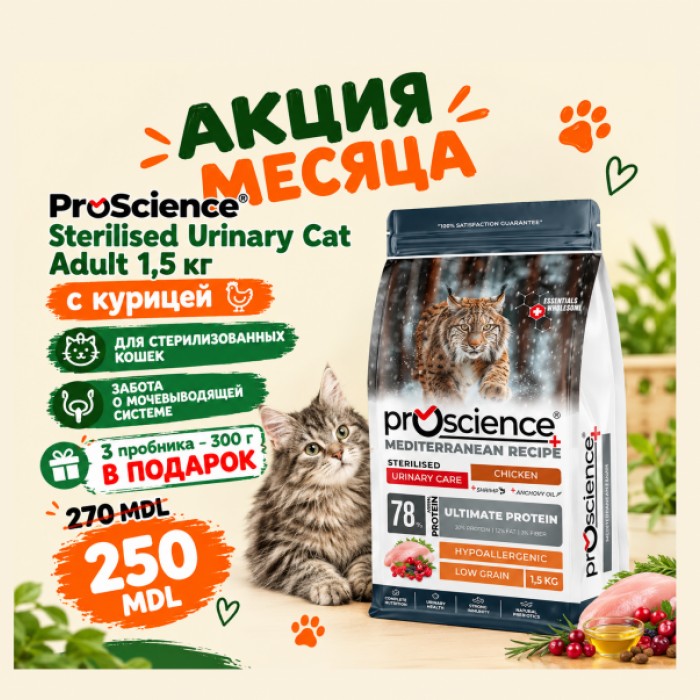 <p><strong>ProScience Sterilised Urinary Cat Adult -&nbsp;</strong>полнорационный и сбалансированный экструдированный сухой корм для стерилизованных кошек со вкусом курицы. Содержит 78% белка животного происхождения, гипоаллергенную формулу с пониженным содержанием злаков и обеспечивает полноценное и сбалансированное питание.</p>