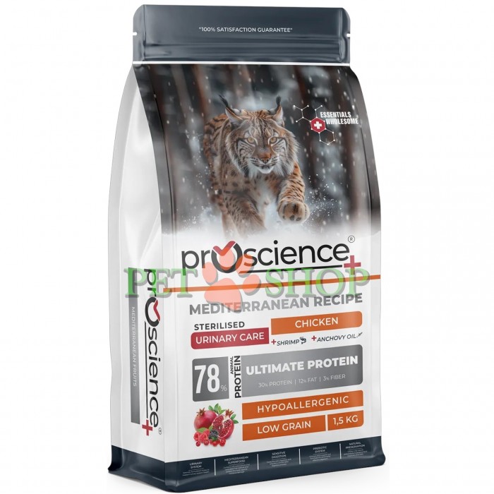 <p><strong>ProScience Sterilised Urinary Cat Adult -&nbsp;</strong>полнорационный и сбалансированный экструдированный сухой корм для стерилизованных кошек со вкусом курицы. Содержит 78% белка животного происхождения, гипоаллергенную формулу с пониженным содержанием злаков и обеспечивает полноценное и сбалансированное питание.</p>