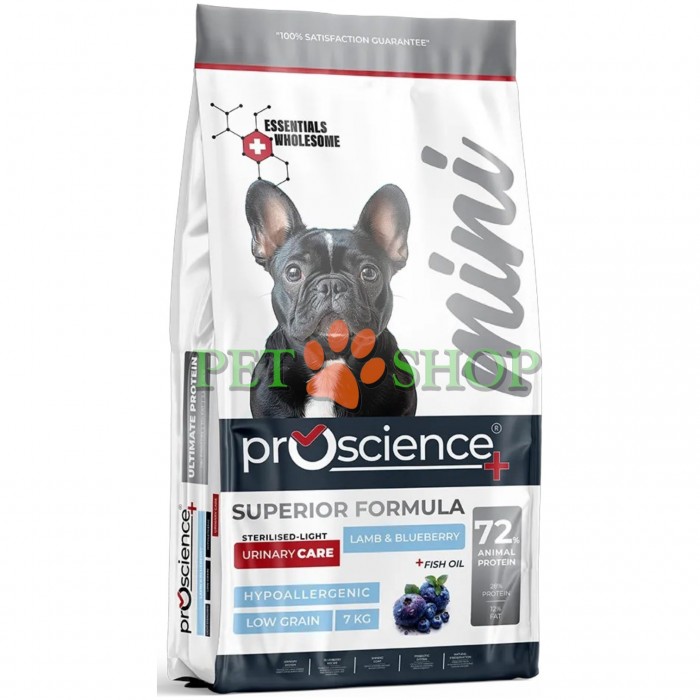 <p><strong>ProScience Mini Adult Dog Light, Sterilised Urinary&nbsp;Lamb, Blueberry</strong> &mdash; полнорационный сухой корм класса gourmet для стерилизованных собак мелких и миниатюрных пород. Не содержит искусственных добавок и консервантов. Гипоаллергенная рецептура с низким содержанием зерновых способствует поддержанию здоровья мочевыделительной системы.</p>