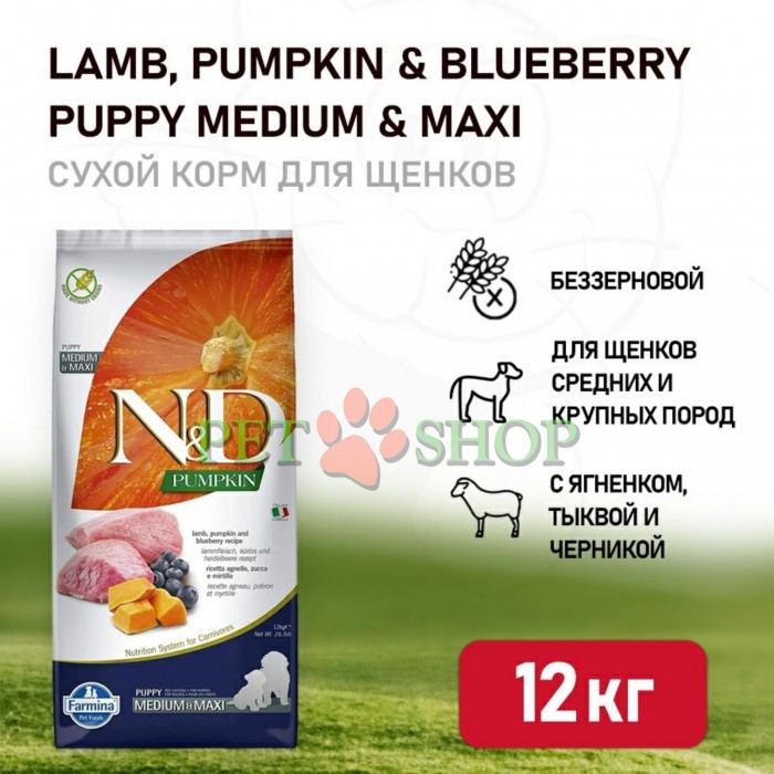 <p><strong>Farmina ND Pumpkin Dog Puppy Medium, Maxi&nbsp;Lamb, blueberry -&nbsp;</strong>полнорационный беззерновой сухой корм для щенков, беременных и кормящих сук средних и крупных пород.&nbsp;<strong>Ягненок, тыква и черника.&nbsp;</strong>РАЗМЕРЫ ГРАНУЛ: Диаметр 12-14 mm - Толщина 5-7 mm.</p>