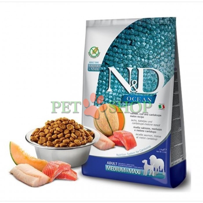 <p><strong>Farmina ND Ocean Dog Adult Medium, Maxi&nbsp;Salmon, Cod, Cantalupe Melon - </strong>лосось, треска и мускусная дыня. Полнорационный сухой корм для взрослых собак средних и крупных пород.</p>